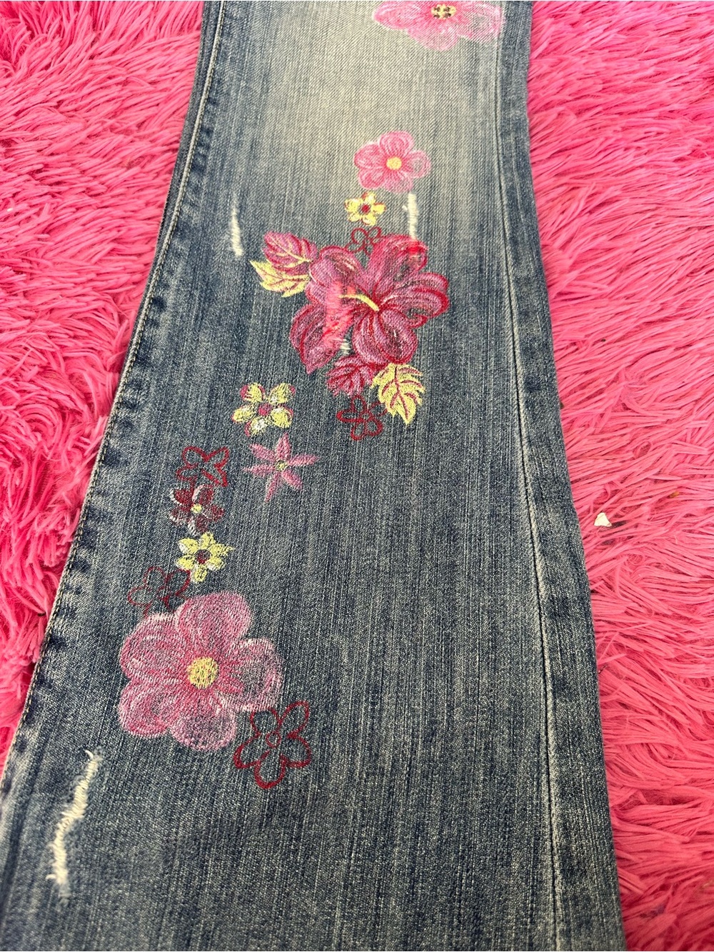 Guess Blue Denim Flare Jeans with Pink Floral Embroidery - Picture 6 of 15